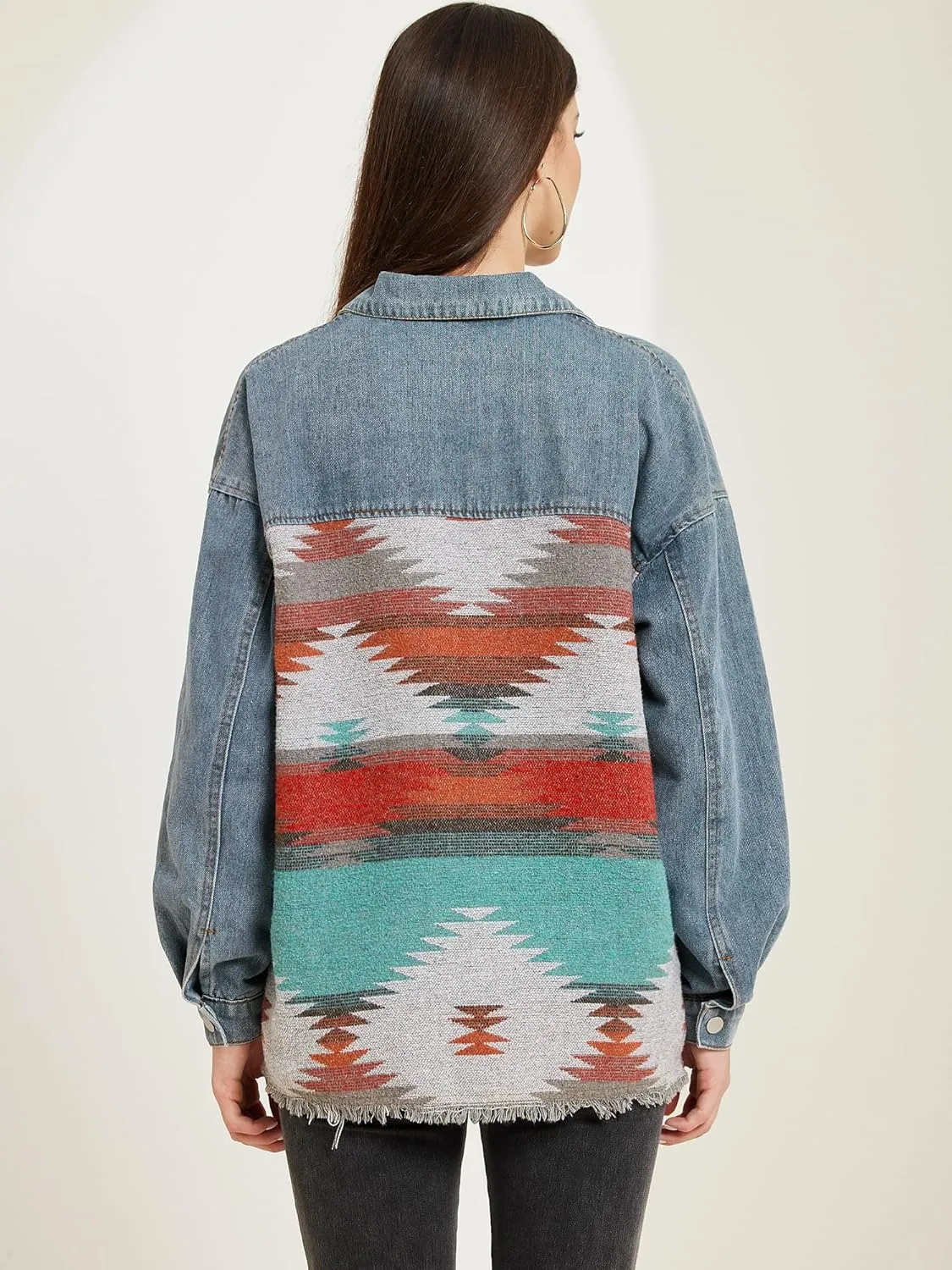 Allegra K Women's Denim Jacket Lapel Long Sleeve Vintage Shacket