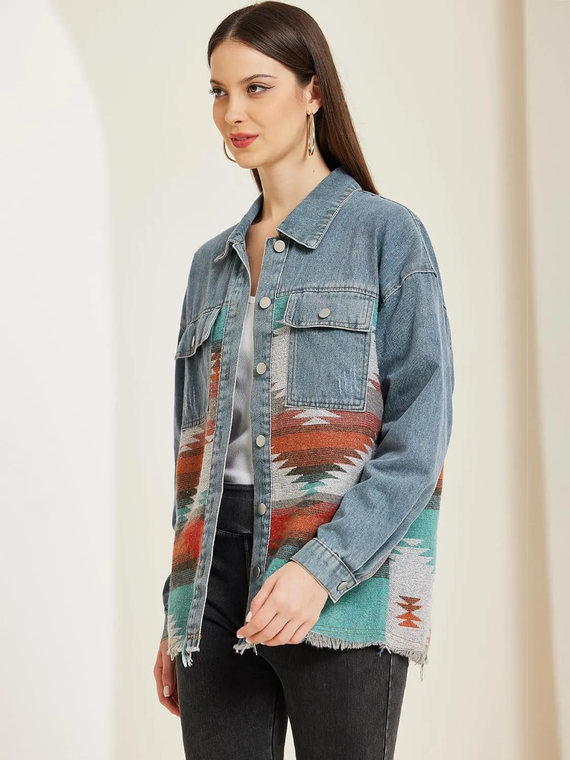 Allegra K Women's Denim Jacket Lapel Long Sleeve Vintage Shacket