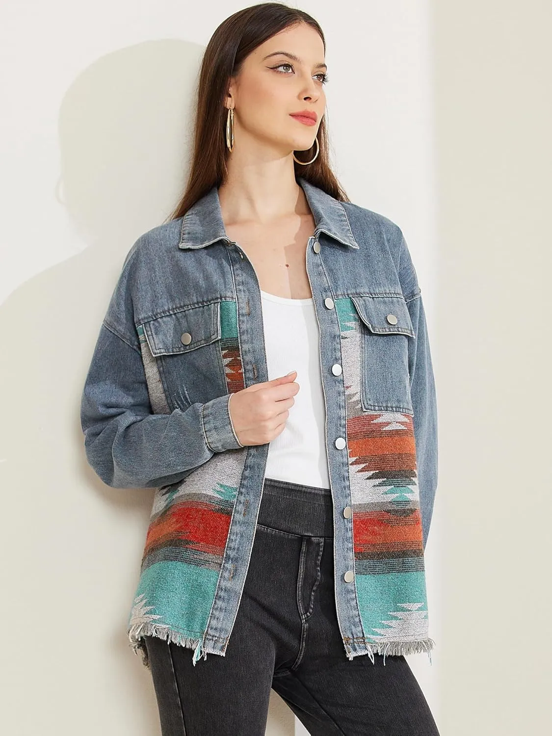 Allegra K Women's Denim Jacket Lapel Long Sleeve Vintage Shacket