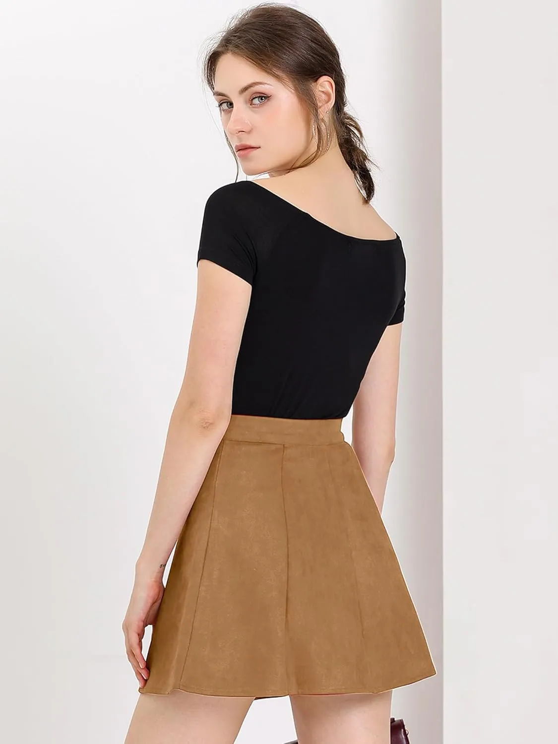 Allegra K Women's Faux Suede Button A-Line High Waisted Christmas Flared Mini Short Skirt