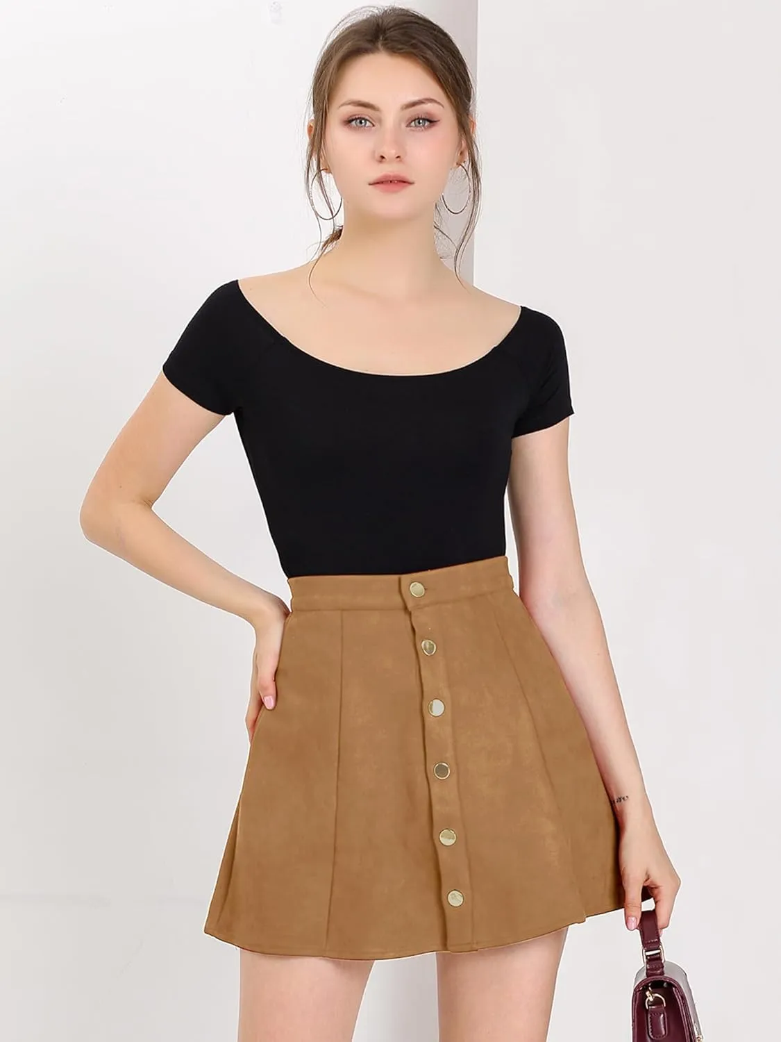 Allegra K Women's Faux Suede Button A-Line High Waisted Christmas Flared Mini Short Skirt