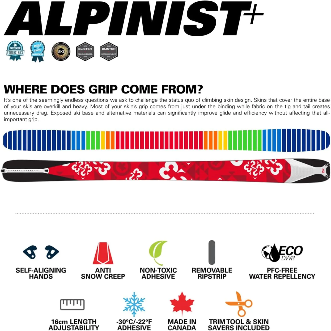 Alpinist  Universal Climbing Skins, Backcountry Touring Ski Skins, Universal Grip for All Snow Conditions, Made in Canada, 2022