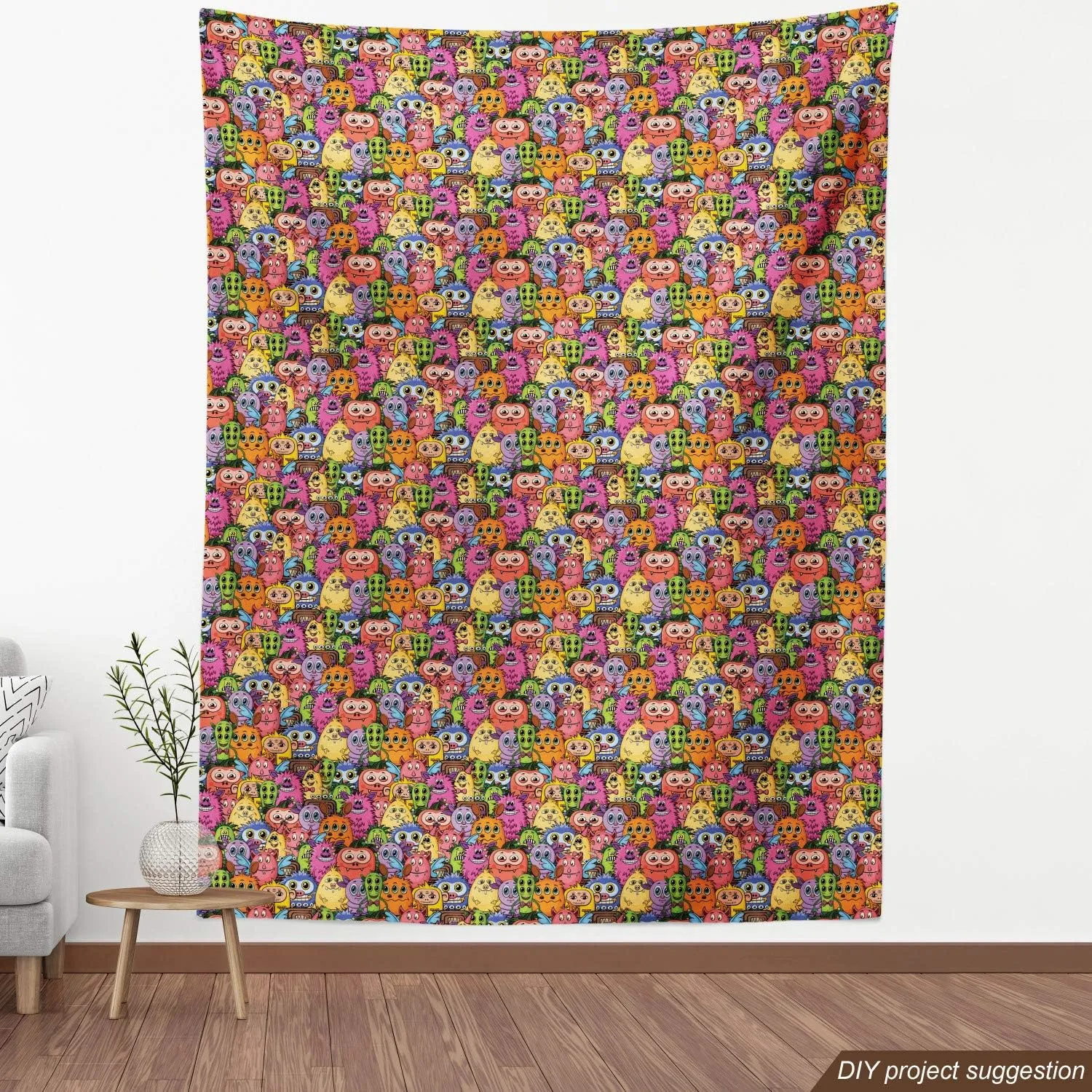 Ambesonne Alien Fabric by The Yard, Carnival of Beasts Cartoon Monsters with Different Art Styles Out of This World Theme, Decorative Fabric for Upholstery and Home Accents, 1 Yard, Pink Green