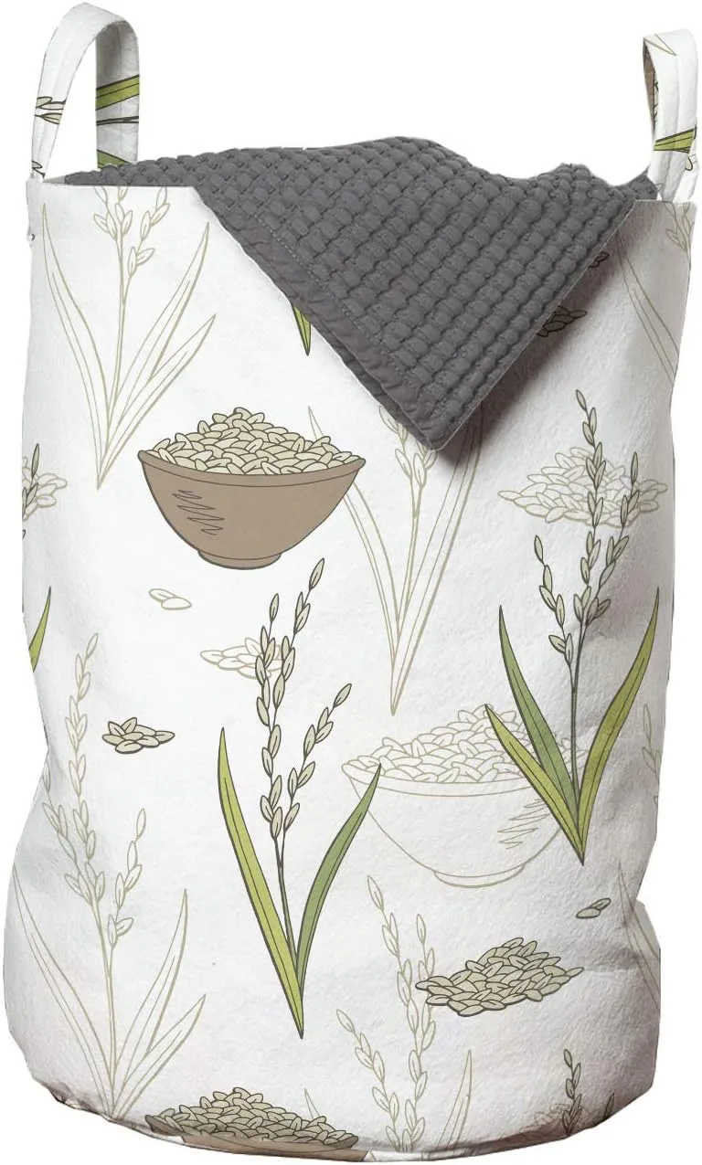 Ambesonne Asian Laundry Bag, Rhythmic Hand Drawn Rice Plant and Pieces in Bowl, Hamper Basket with Handles Drawstring Closure for Laundromats, 13" x 19", Warm Taupe Reseda Green