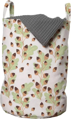 Ambesonne Autumn Laundry Bag, Acorns on Oak Tree Branches Leaves Botany Forest Fall Season Nature, Hamper Basket with Handles Drawstring Closure for Laundromats, 13" x 19", Pale Eggshell Multicolor