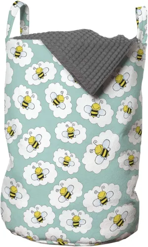 Ambesonne Bee Laundry Bag, Rhythmic Flying Honeybees Wings in Clouds Illustration Pattern, Hamper Basket with Handles Drawstring Closure for Laundromats, 13" x 19", Seafoam Mustard