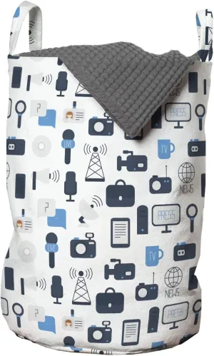 Ambesonne Blue and White Laundry Bag, Journalism Mass Media Communication Theme Press TV News, Hamper Basket with Handles Drawstring Closure for Laundromats, 13" x 19", Pale Blue Dark Blue