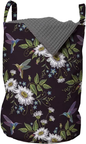 Ambesonne Botanical Laundry Bag, Rhythmic Humming Birds Twigs Chamomile Blossoms Illustration Print, Hamper Basket with Handles Drawstring Closure for Laundromats, 13" x 19", Dark Maroon Multicolor