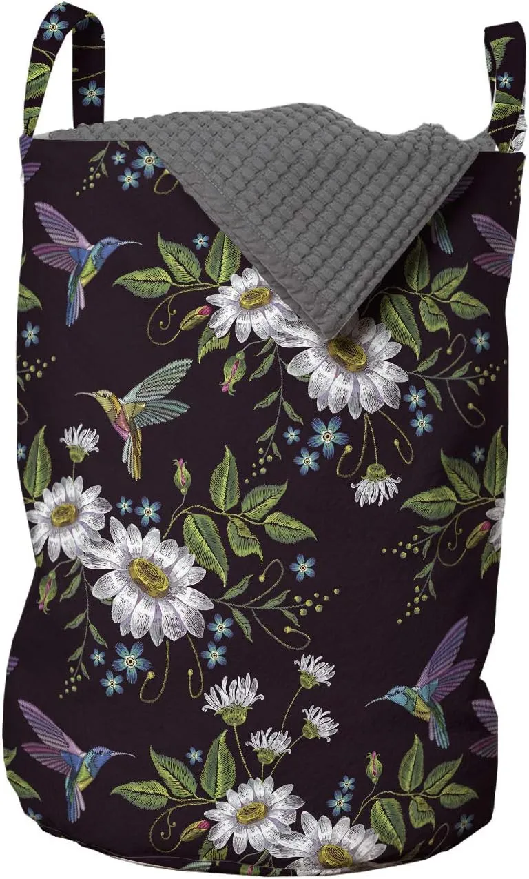 Ambesonne Botanical Laundry Bag, Rhythmic Humming Birds Twigs Chamomile Blossoms Illustration Print, Hamper Basket with Handles Drawstring Closure for Laundromats, 13" x 19", Dark Maroon Multicolor
