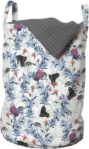 Ambesonne Botany Laundry Bag, Rhythmic Winter Climate Birds Butterflies Flowers Print on Plain Backdrop, Hamper Basket with Handles Drawstring Closure for Laundromats, 13" x 19", White and Multicolor