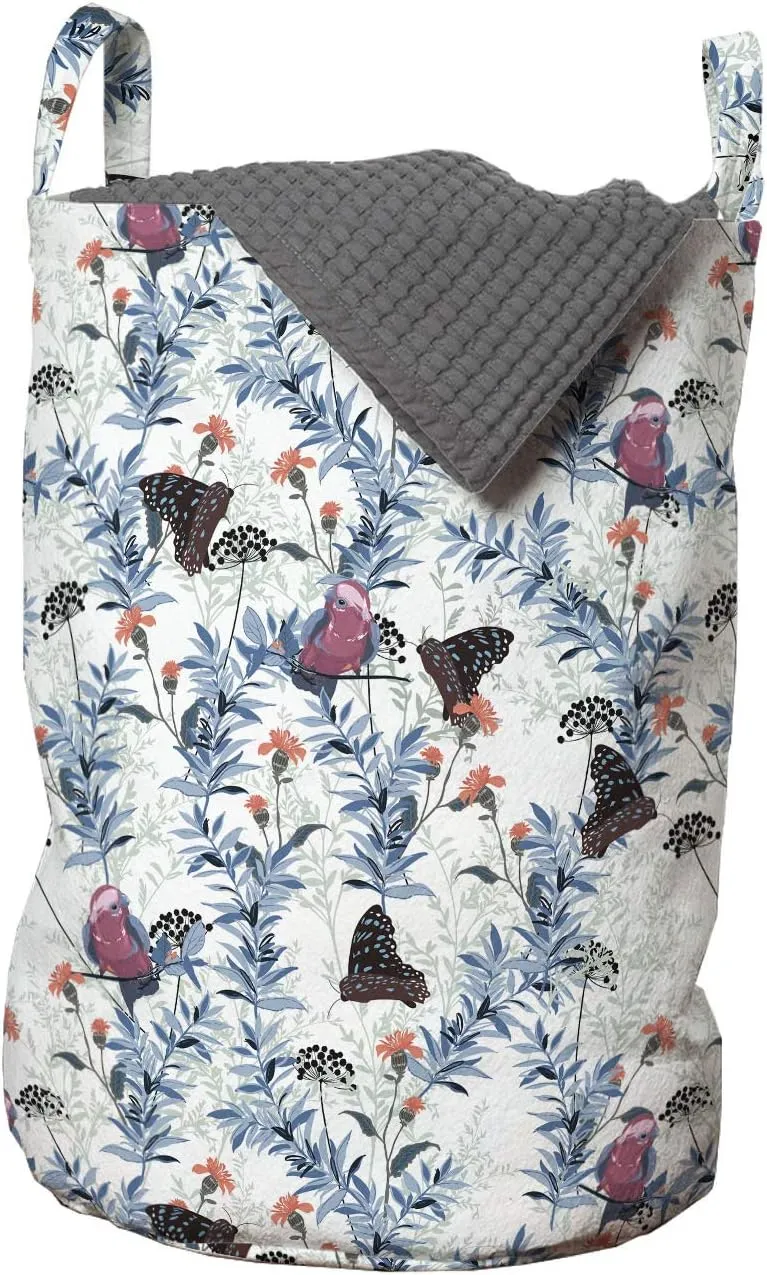 Ambesonne Botany Laundry Bag, Rhythmic Winter Climate Birds Butterflies Flowers Print on Plain Backdrop, Hamper Basket with Handles Drawstring Closure for Laundromats, 13" x 19", White and Multicolor