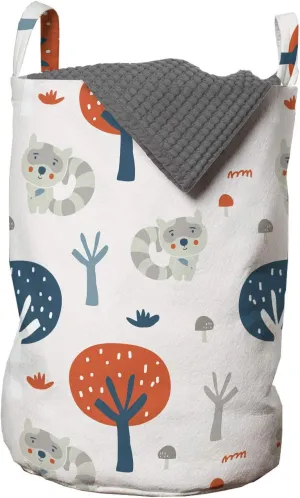 Ambesonne Cartoon Animal Laundry Bag, Rhythmic Tree Autumn Woodland Racoon, Hamper Basket with Handles Drawstring Closure for Laundromats, 13" x 19", Pale Blue Multicolor