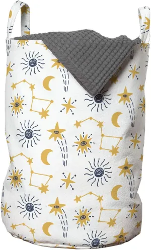 Ambesonne Cartoon Laundry Bag, Scandinavian Style Outer Space Elements with Stars Comets and Planets, Hamper Basket with Handles Drawstring Closure for Laundromats, 13" x 19", Night Blue Pale Orange