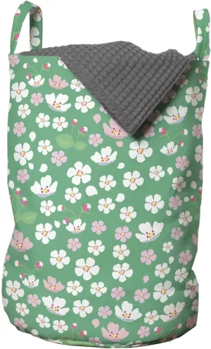 Ambesonne Cherry Blossom Laundry Bag, Downward Sloping Cherry Blossom Petals on a Greenery Background, Hamper Basket with Handles Drawstring Closure for Laundromats, 13" x 19", Rose and Sea Green