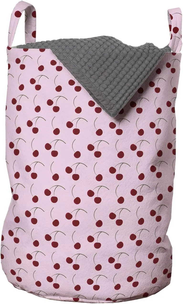 Ambesonne Cherry Laundry Bag, Rhythmic Cartoon Cherries Motifs on Pastel Tone Backdrop Illustration, Hamper Basket with Handles Drawstring Closure for Laundromats, 13" x 19", Ruby Pink