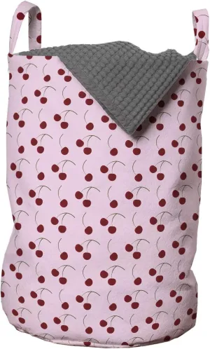 Ambesonne Cherry Laundry Bag, Rhythmic Cartoon Cherries Motifs on Pastel Tone Backdrop Illustration, Hamper Basket with Handles Drawstring Closure for Laundromats, 13" x 19", Ruby Pink