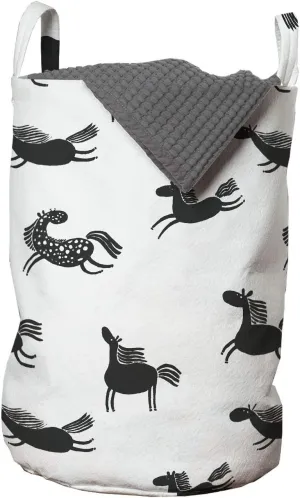 Ambesonne Childish Laundry Bag, Prehistoric Drawings of Running Horses Free Spirit on Plain Background, Hamper Basket with Handles Drawstring Closure for Laundromats, 13" x 19", Charcoal Grey White
