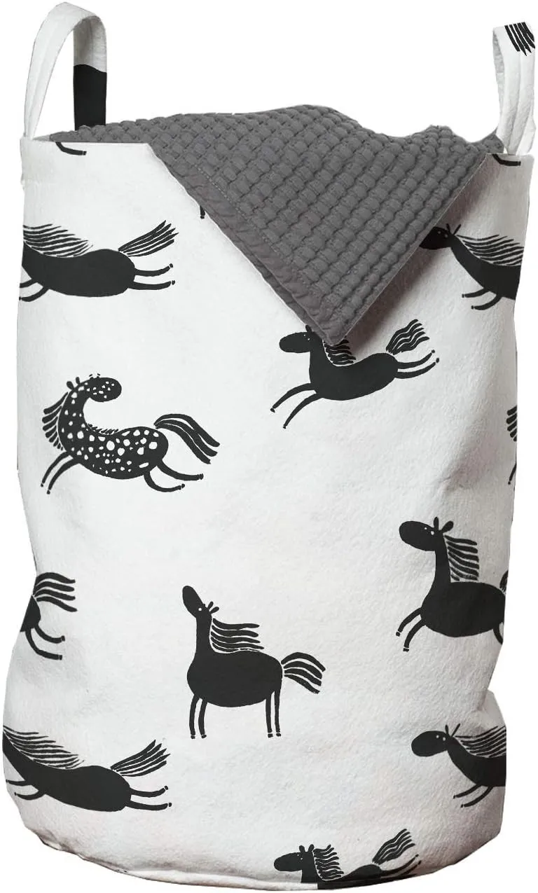 Ambesonne Childish Laundry Bag, Prehistoric Drawings of Running Horses Free Spirit on Plain Background, Hamper Basket with Handles Drawstring Closure for Laundromats, 13" x 19", Charcoal Grey White
