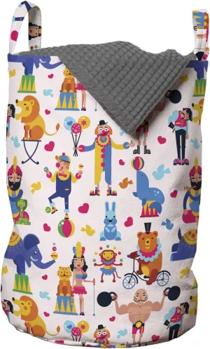 Ambesonne Circus Laundry Bag, Vivid Pattern with Funny Various Entertainers Showman Clown, Hamper Basket with Handles Drawstring Closure for Laundromats, 13" x 19", Pale Pink Multicolor