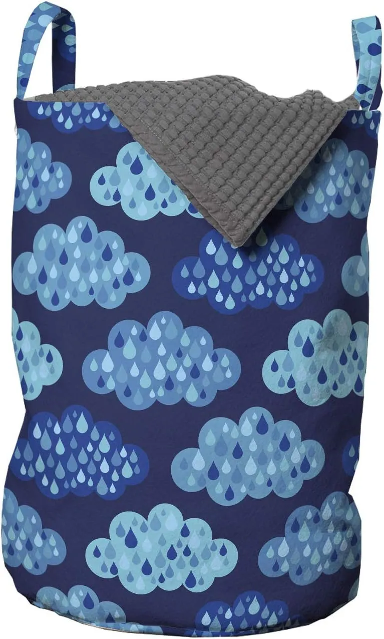 Ambesonne Clouds Laundry Bag, Monochrome Cloudscape with Rain Droplets Gloomy Weather, Hamper Basket with Handles Drawstring Closure for Laundromats, 13" x 19", Indigo Sky Blue