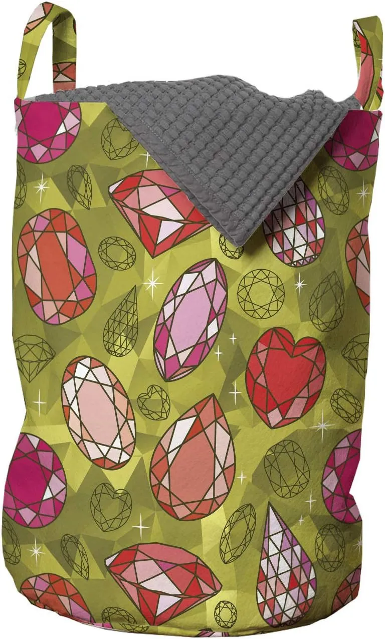 Ambesonne Diamond Laundry Bag, Rhythmic Heart Shaped Drop Formed Print Polygonal Gemstone Backdrop, Hamper Basket with Handles Drawstring Closure for Laundromats, 13" x 19", Yellow Green Multicolor