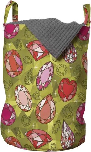 Ambesonne Diamond Laundry Bag, Rhythmic Heart Shaped Drop Formed Print Polygonal Gemstone Backdrop, Hamper Basket with Handles Drawstring Closure for Laundromats, 13" x 19", Yellow Green Multicolor