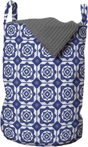 Ambesonne Dutch Laundry Bag, Delft Style Geometric Pattern with Rhombuses and Hexagons Holland Design, Hamper Basket with Handles Drawstring Closure for Laundromats, 13" x 19", Navy Blue and White