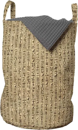 Ambesonne Egyptian Print Laundry Bag, Hieroglyphs Grunge Pattern on Stripes Archeology History Language, Hamper Basket with Handles Drawstring Closure for Laundromats, 13" x 19", Sand Brown Black