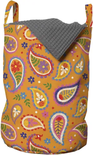 Ambesonne Ethnic Laundry Bag, Bohemian Ornamental Paisley Design with Floral Tiny Motifs Built-in Droplet Shapes, Hamper Basket with Handles Drawstring Closure for Laundromats, 13" x 19", Multicolor