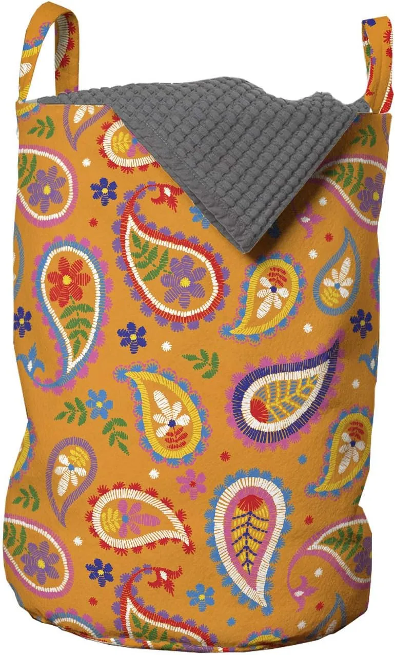 Ambesonne Ethnic Laundry Bag, Bohemian Ornamental Paisley Design with Floral Tiny Motifs Built-in Droplet Shapes, Hamper Basket with Handles Drawstring Closure for Laundromats, 13" x 19", Multicolor