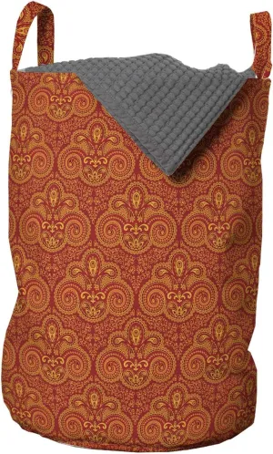Ambesonne Ethnic Laundry Bag, Repetition Traditional Oriental Swirling Ornaments in Warm Colors, Hamper Basket with Handles Drawstring Closure for Laundromats, 13" x 19", Vermilion Orange