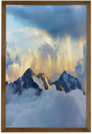 Ambesonne Europe Framed Wall Art, Alpine Landscape with Peaks Covered by Snow Clouds Panoramic View Picture, Fabric Decor with Teak Tone Wood Frame Home & Dorm Decor, 23" x 35", Charcoal Grey White