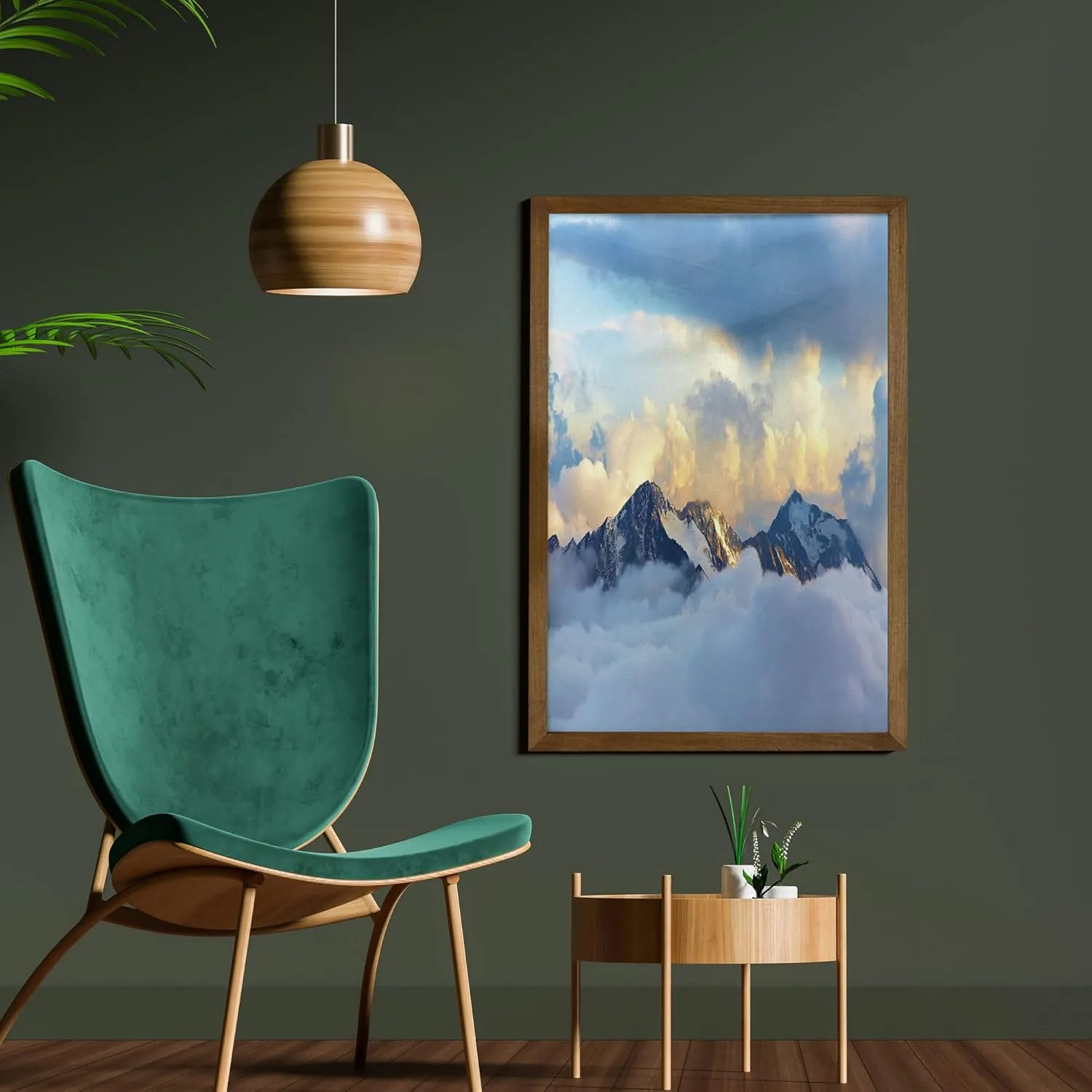 Ambesonne Europe Framed Wall Art, Alpine Landscape with Peaks Covered by Snow Clouds Panoramic View Picture, Fabric Decor with Teak Tone Wood Frame Home & Dorm Decor, 23" x 35", Charcoal Grey White