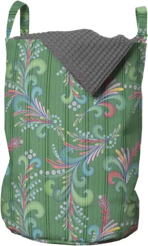 Ambesonne Feather Laundry Bag, Rhythmic Curved Ornaments of Abstract Bird Feather Illustration Print, Hamper Basket with Handles Drawstring Closure for Laundromats, 13" x 19", Laurel Green Multicolor