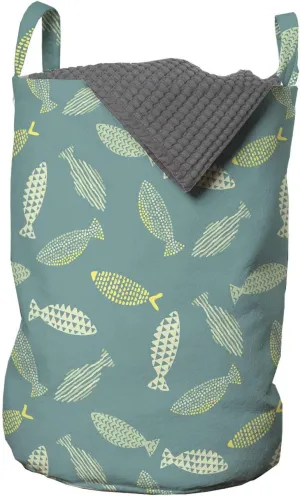 Ambesonne Fish Laundry Bag, Ornamental Creatures with Abstract Design Stripes Triangles and Dots Fish, Hamper Basket with Handles Drawstring Closure for Laundromats, 13" x 19", Multicolor
