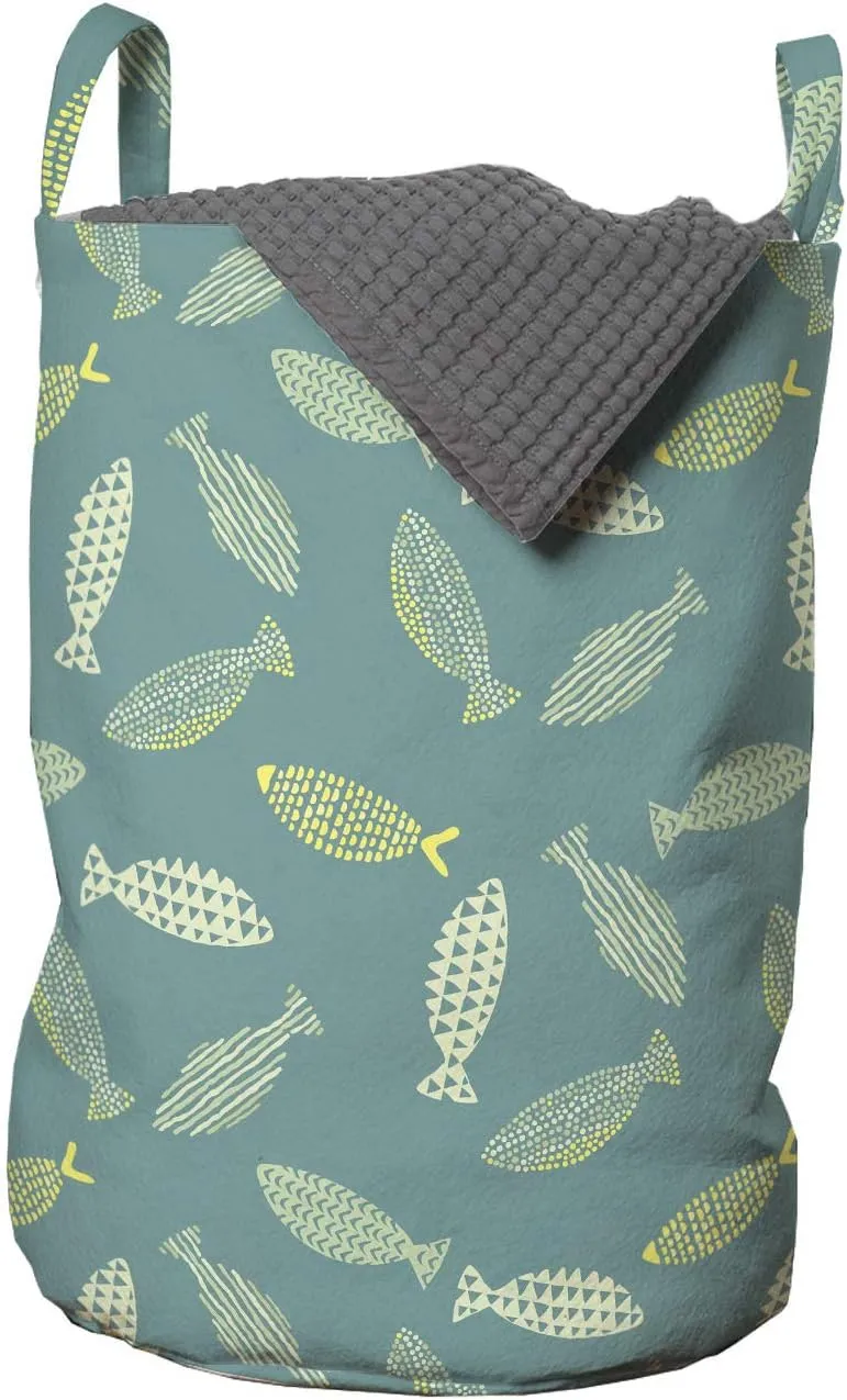 Ambesonne Fish Laundry Bag, Ornamental Creatures with Abstract Design Stripes Triangles and Dots Fish, Hamper Basket with Handles Drawstring Closure for Laundromats, 13" x 19", Multicolor