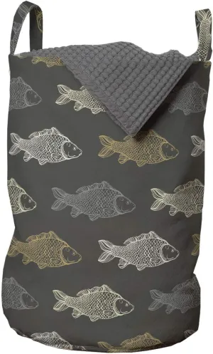 Ambesonne Fish Laundry Bag, Rhythmic Koi Fish Underwater Pattern on Dark Background, Hamper Basket with Handles Drawstring Closure for Laundromats, 13" x 19", Grey Multicolor