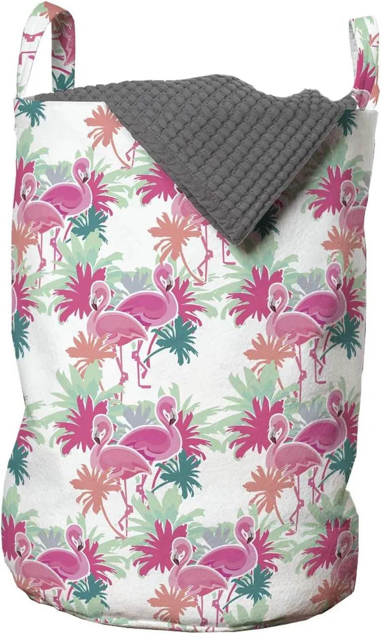 Ambesonne Flamingo Laundry Bag, Rhythmic Hipster Print of Palm Trees and Pink Birds Couple on Plain Backdrop, Hamper Basket with Handles Drawstring Closure for Laundromats, 13" x 19", Pink Multicolor