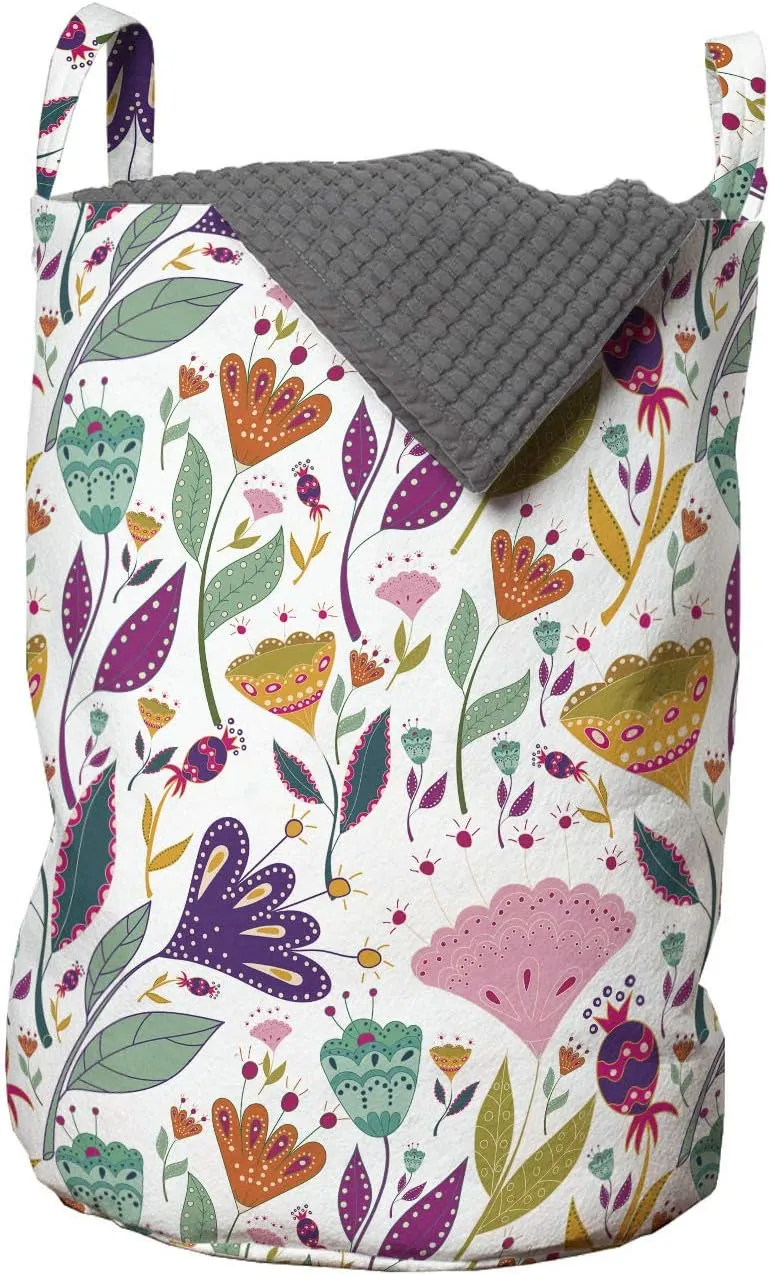 Ambesonne Floral Laundry Bag, Ornamental Botanical Flower Blossom Petals Leaves Mother Nature Girlish Pattern, Hamper Basket with Handles Drawstring Closure for Laundromats, 13" x 19", Multicolor