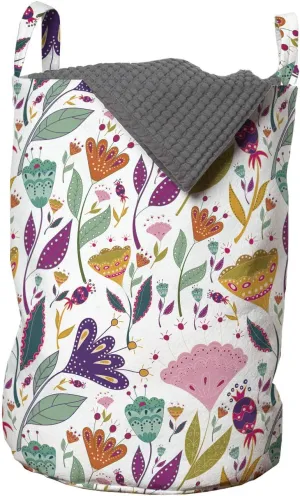 Ambesonne Floral Laundry Bag, Ornamental Botanical Flower Blossom Petals Leaves Mother Nature Girlish Pattern, Hamper Basket with Handles Drawstring Closure for Laundromats, 13" x 19", Multicolor