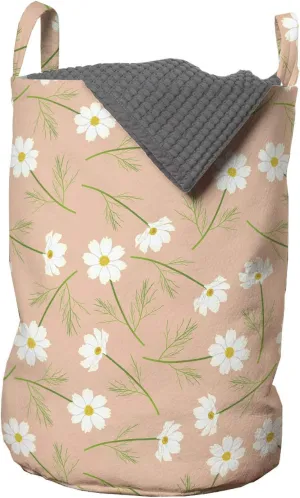 Ambesonne Floral Laundry Bag, Rhythmic Abstract White Cosmos Flower Pattern on Pastel Background, Hamper Basket with Handles Drawstring Closure for Laundromats, 13" x 19", Lime Green Mustard