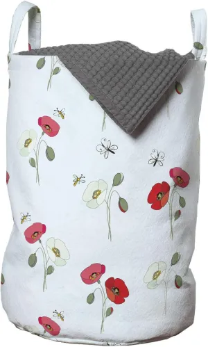 Ambesonne Floral Laundry Bag, Rhythmic Flowers and Butterflies Hand Drawn Style Illustration Print, Hamper Basket with Handles Drawstring Closure for Laundromats, 13" x 19", Pale Blue Pale Ruby