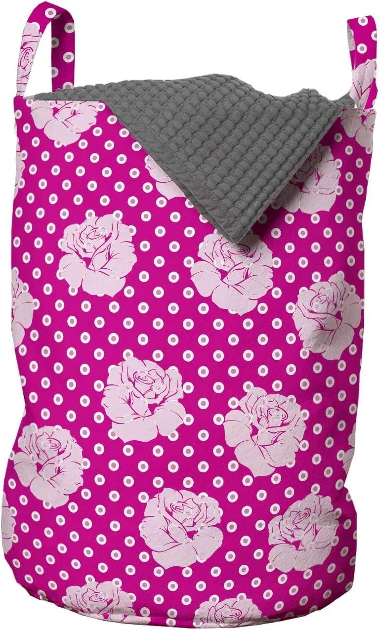 Ambesonne Floral Laundry Bag, Rhythmic Polka Dots and Roses Silhouette Summer Botany in Blush Tones, Hamper Basket with Handles Drawstring Closure for Laundromats, 13" x 19", Magenta Pale Pink