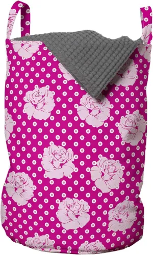 Ambesonne Floral Laundry Bag, Rhythmic Polka Dots and Roses Silhouette Summer Botany in Blush Tones, Hamper Basket with Handles Drawstring Closure for Laundromats, 13" x 19", Magenta Pale Pink