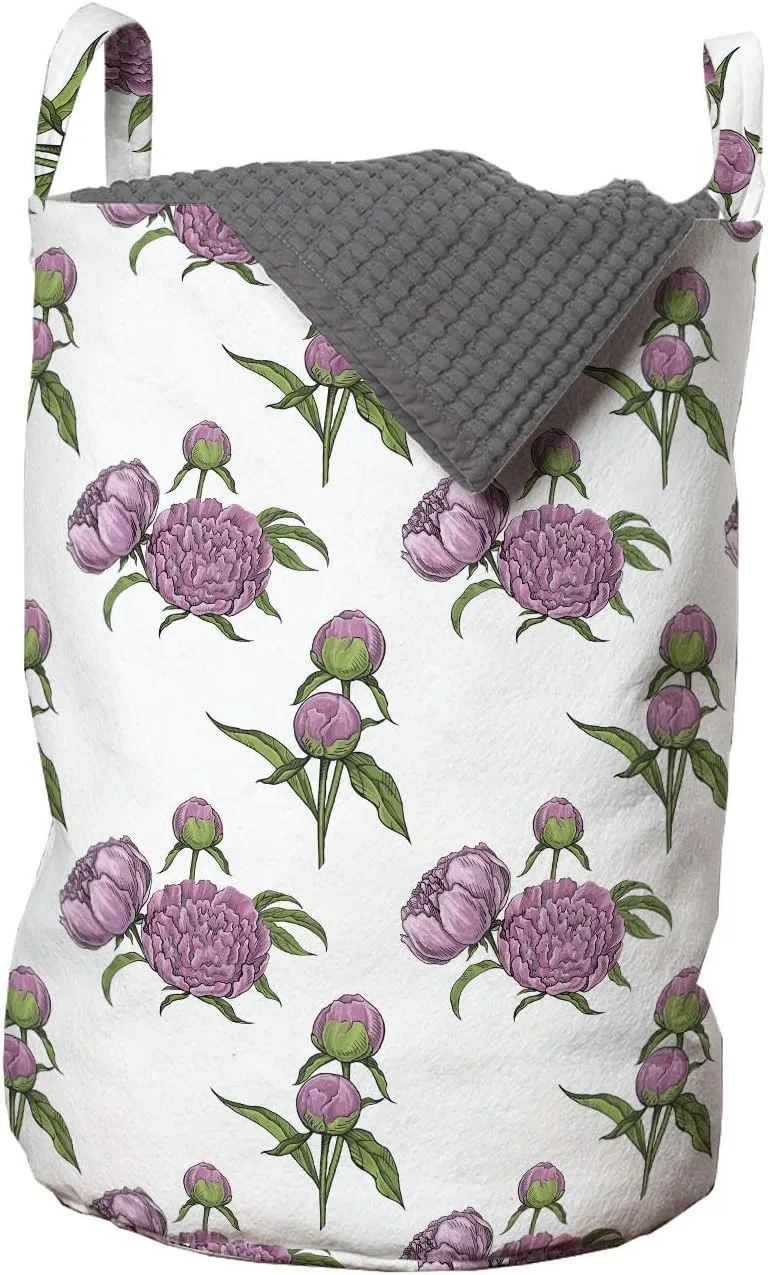 Ambesonne Floral Laundry Bag, Rhythmic Romantic Blooming Peony Buds on Plain Background, Hamper Basket with Handles Drawstring Closure for Laundromats, 13" x 19", Pale Pink Fern Green