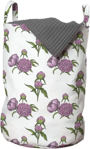 Ambesonne Floral Laundry Bag, Rhythmic Romantic Blooming Peony Buds on Plain Background, Hamper Basket with Handles Drawstring Closure for Laundromats, 13" x 19", Pale Pink Fern Green