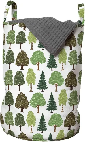 Ambesonne Forest Laundry Bag, Hand Drawn Tree Foliage Woodland Ecology Maple Oak Willow Season Motif, Hamper Basket with Handles Drawstring Closure for Laundromats, 13" x 19", Olive Green and Brown