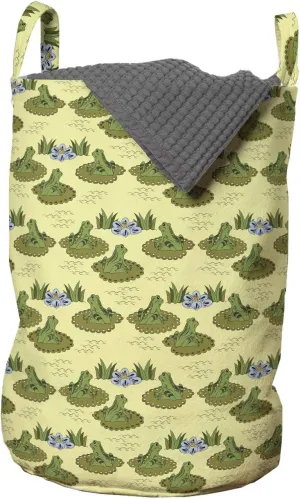 Ambesonne Frog Laundry Bag, Ornamental Illustration of Pond Animal and Water Lilies with Flowers, Hamper Basket with Handles Drawstring Closure for Laundromats, 13" x 19", Pale Yellow and Multicolor