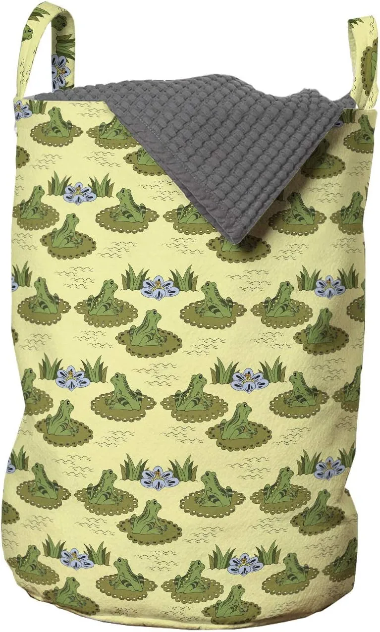 Ambesonne Frog Laundry Bag, Ornamental Illustration of Pond Animal and Water Lilies with Flowers, Hamper Basket with Handles Drawstring Closure for Laundromats, 13" x 19", Pale Yellow and Multicolor