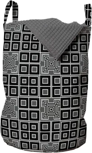 Ambesonne Geometric Laundry Bag, Ornamental Concentric Aligned Black and White Trapped Quadrangulars, Hamper Basket with Handles Drawstring Closure for Laundromats, 13" x 19", Black Grey and White